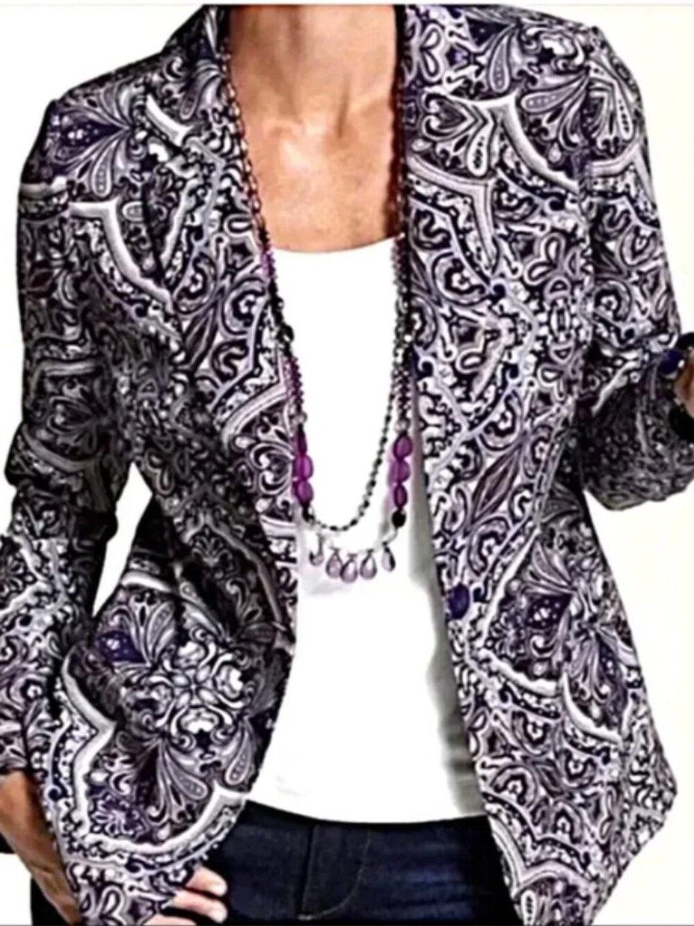 Chico's Paisley Print Blazer Jacket Purple Tan size 2